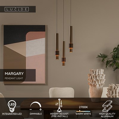 Lucide MARGARY - Pendant light - Ø 28 cm - LED Dim. - 3x4W 2700K - Coffee